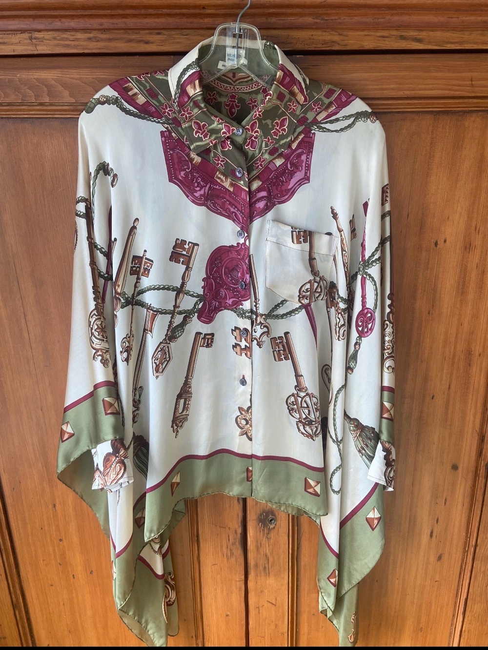 Hermes Ivory Silk Key Print Blouse with Olive and Burgundy Accents